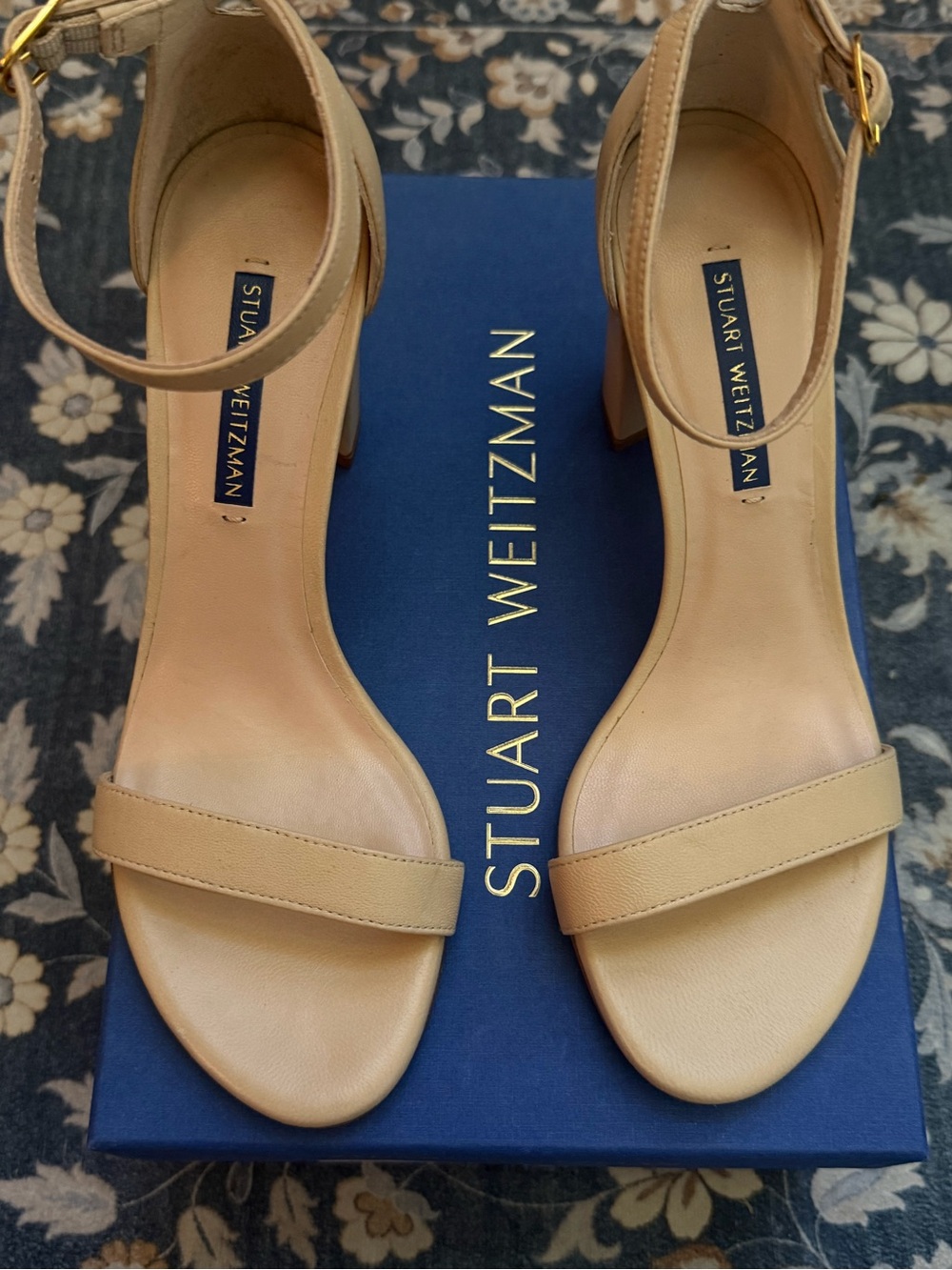 Stuart Weitzman Nude Ankle Strap Chunky Block Heel Neutral Sandals Size 6.5